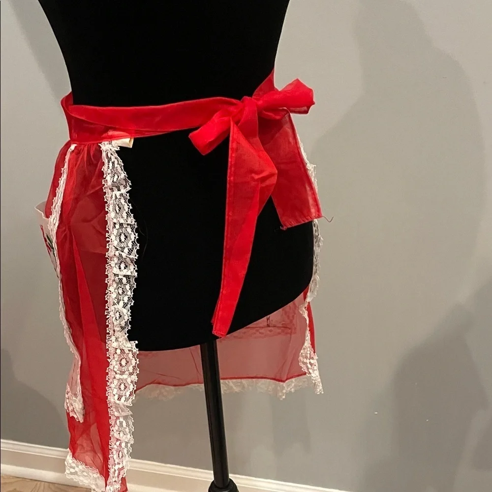 Red and White Women's Christmas cooking apron with pockets & lace trim